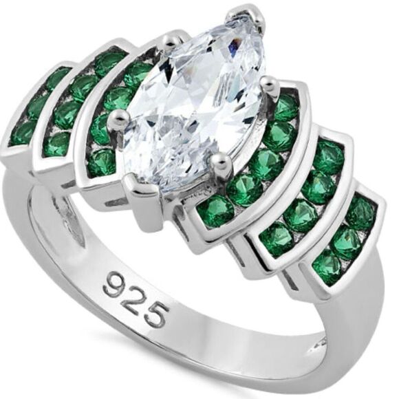 Sterling Silver Emerald Spinel Marquise Cut Clear CZ Ring New